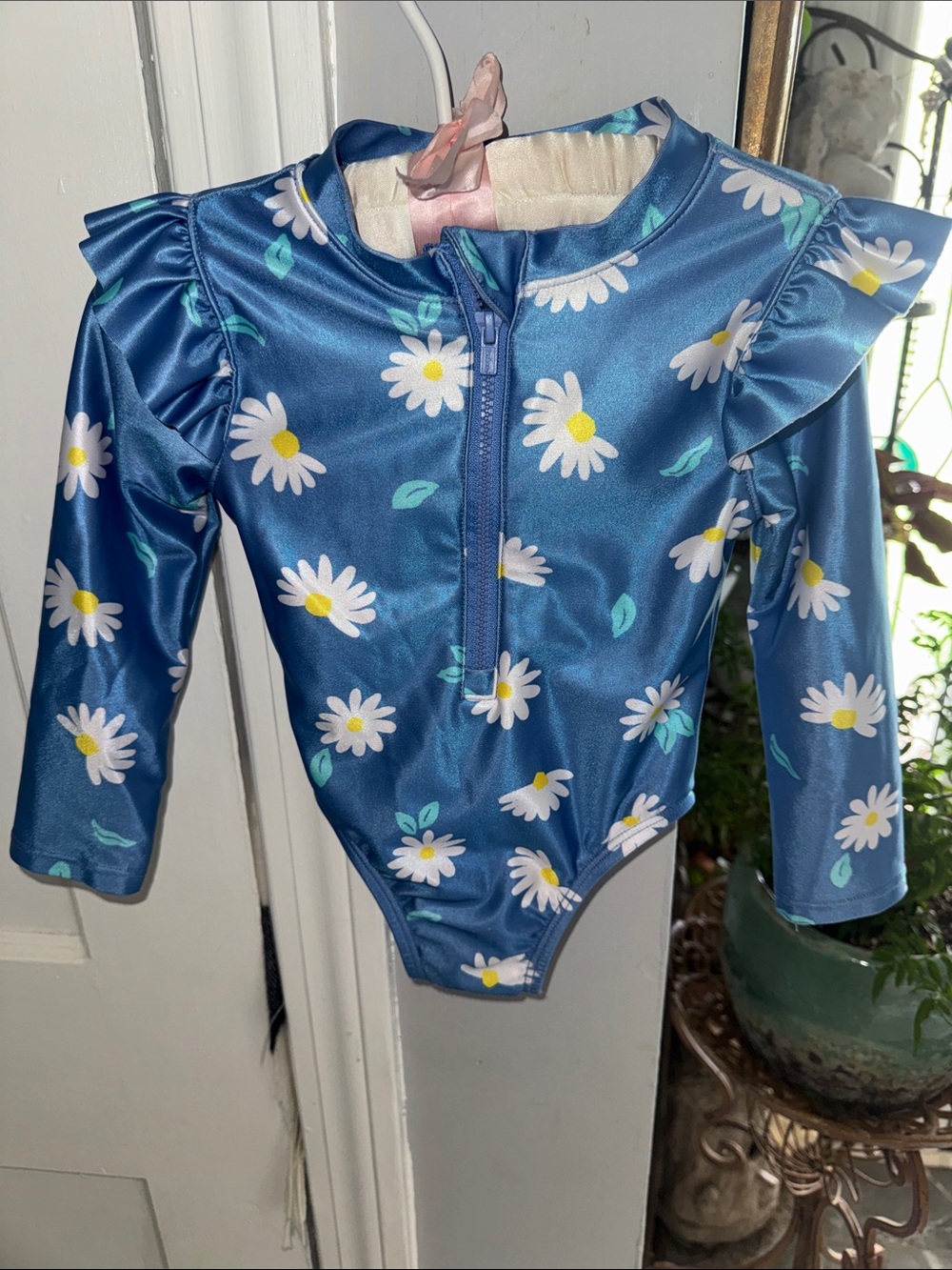 Blue Daisy Long Sleeve Girls Swimsuit